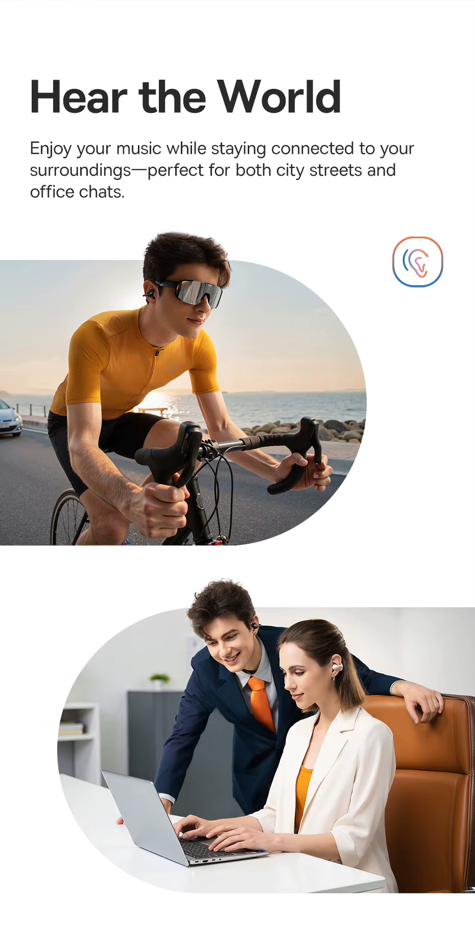 Person riding a bike with headphones on and two people working together at a desk, with text about hearing the world.