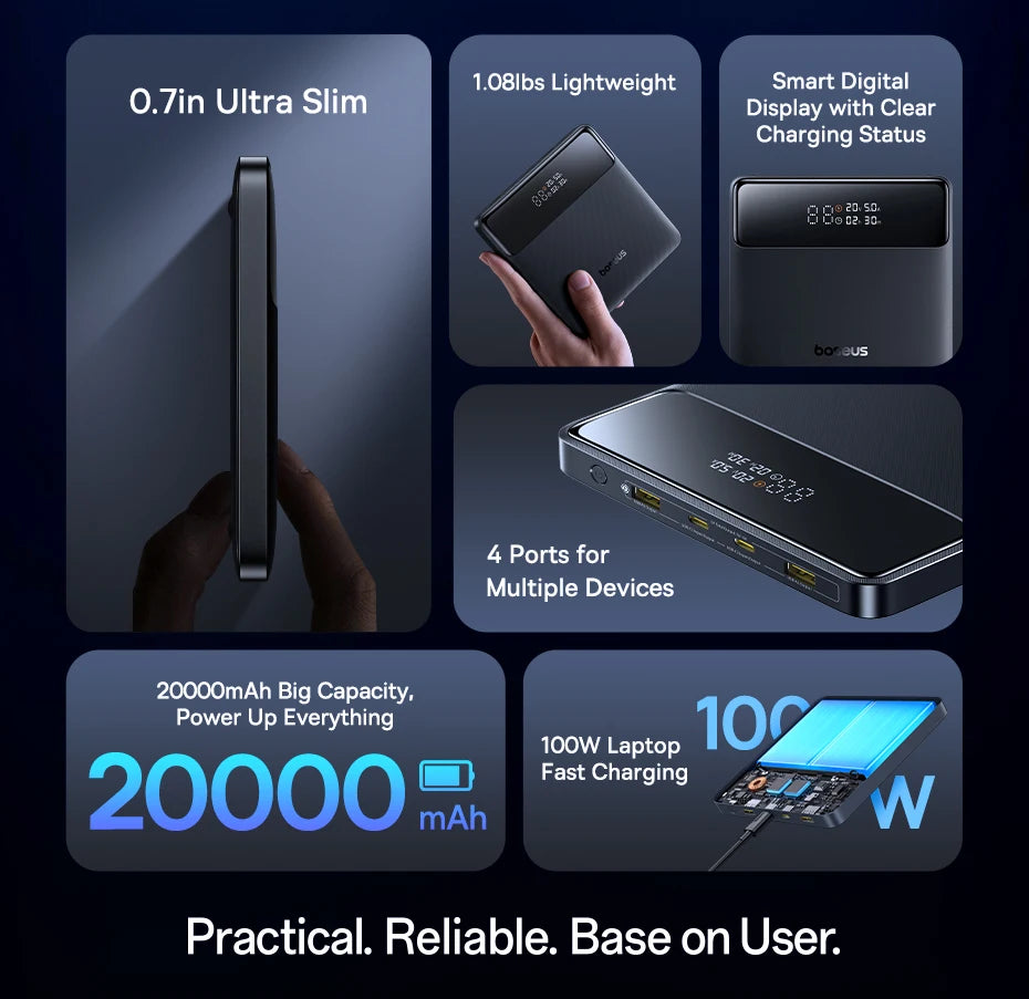 Power bank with features highlighted on a dark background