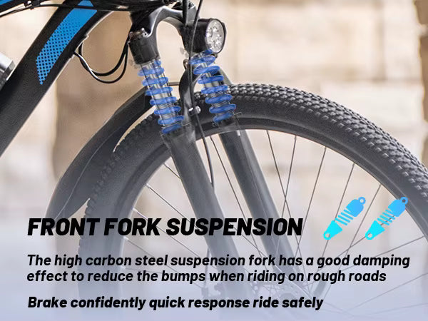 DUOTTS C29 Electric Bike Feature Graphic Highlighting Front Fork Suspension and High Carbon Steel Shock Absorption System