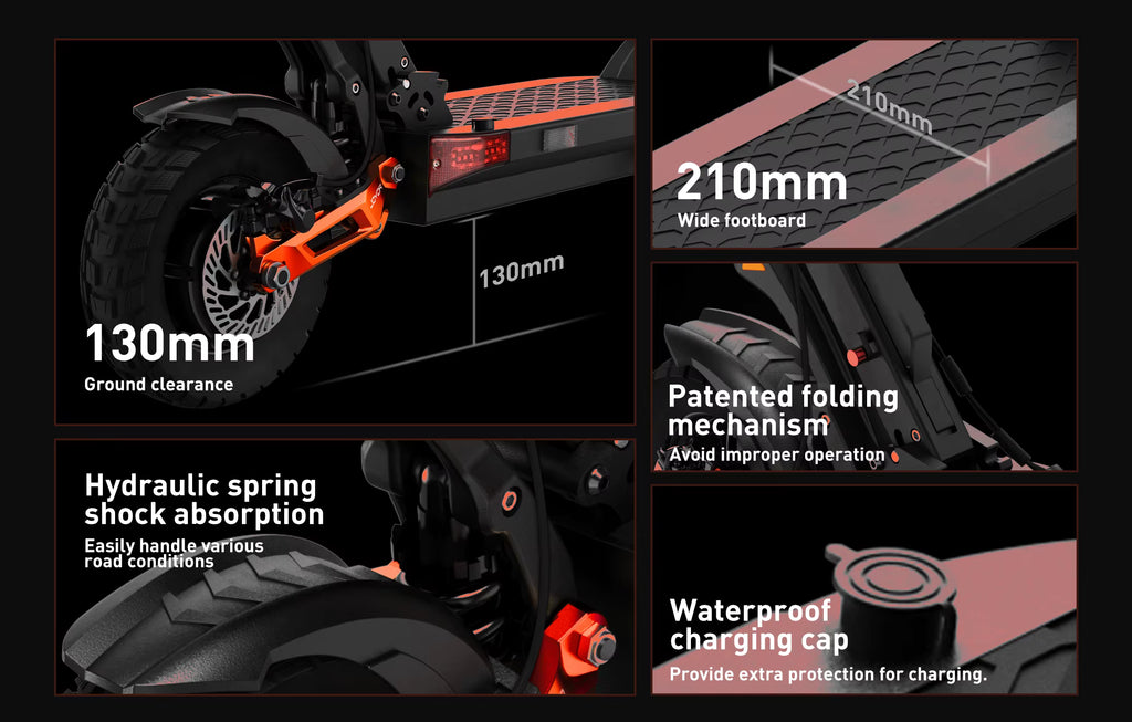 Product features for an e-scooter including ground clearance, wide footboard, patented folding mechanism, hydraulic spring shock absorption, and waterproof charging cap on a black background.