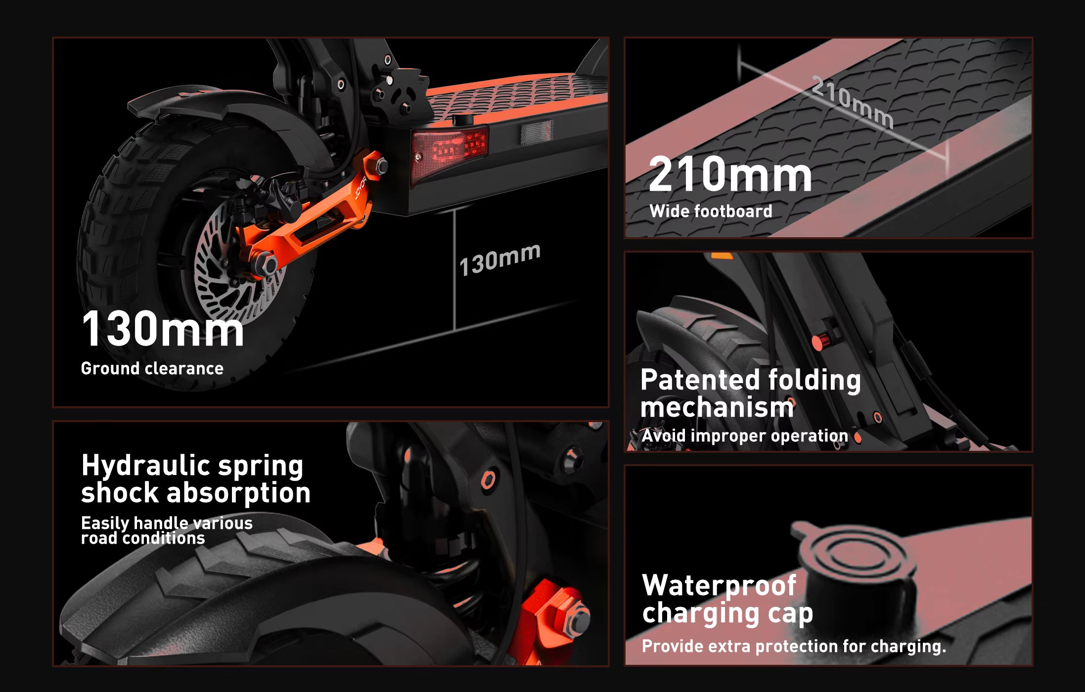 Product features for an e-scooter including ground clearance, wide footboard, patented folding mechanism, hydraulic spring shock absorption, and waterproof charging cap on a black background.