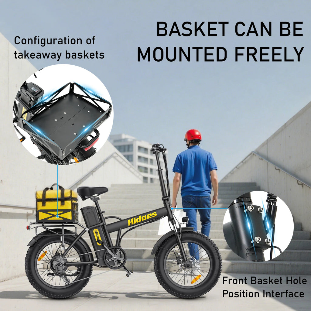 Black Hidoes  HD-F3PRO Electric bike with a detachable basket, showing its flexibility and features.