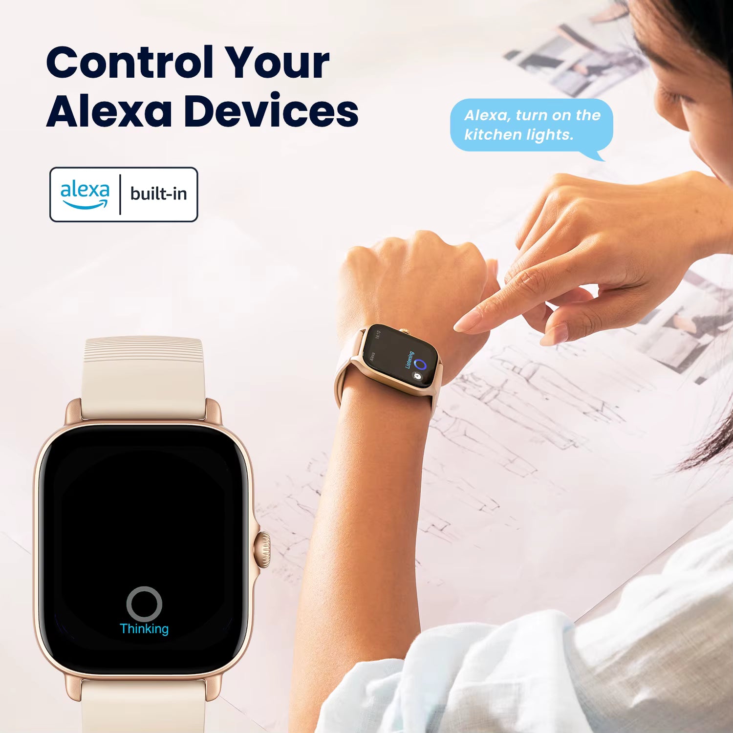 Person using a smartwatch to control Alexa devices with text overlay.