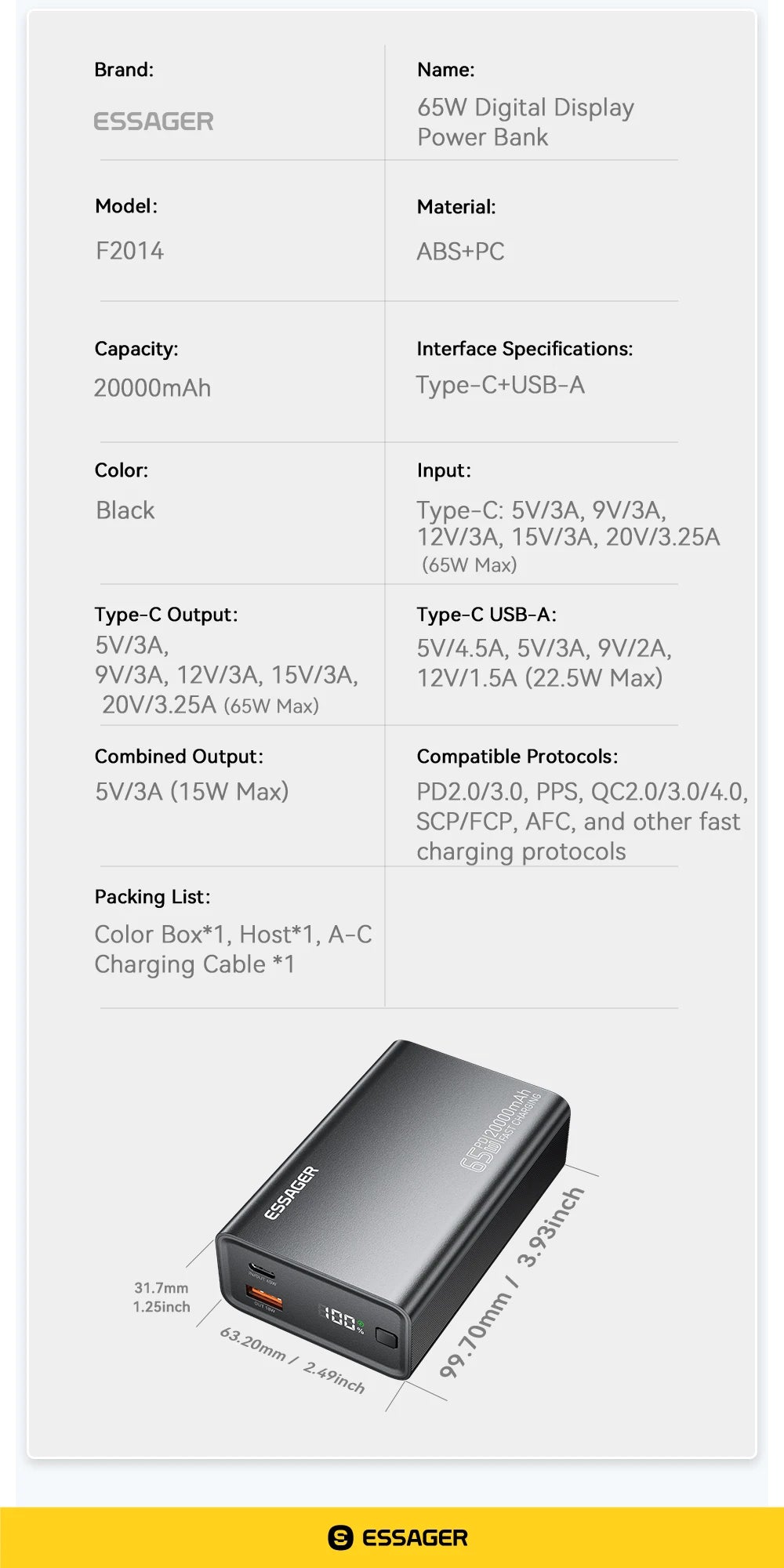 Product details of an Essager power bank on a white background