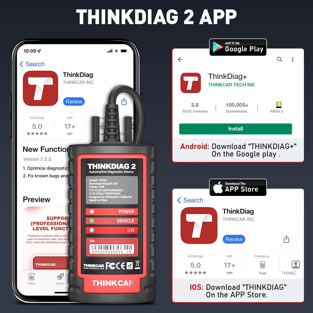ThinkDiag 2 mobile app interface showing cross-platform iOS and Android wireless connectivity