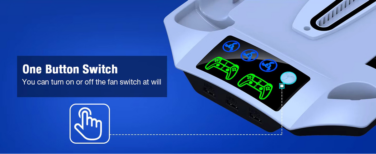 Touch control power switch and fan speed adjustment button on smart cooling base