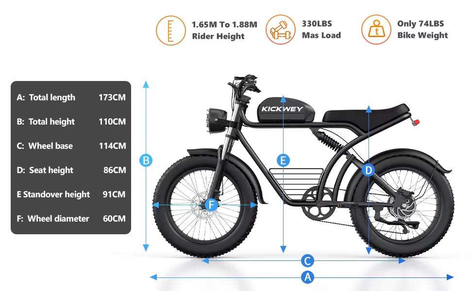 Kickwey electric bike with dimensions on a white background