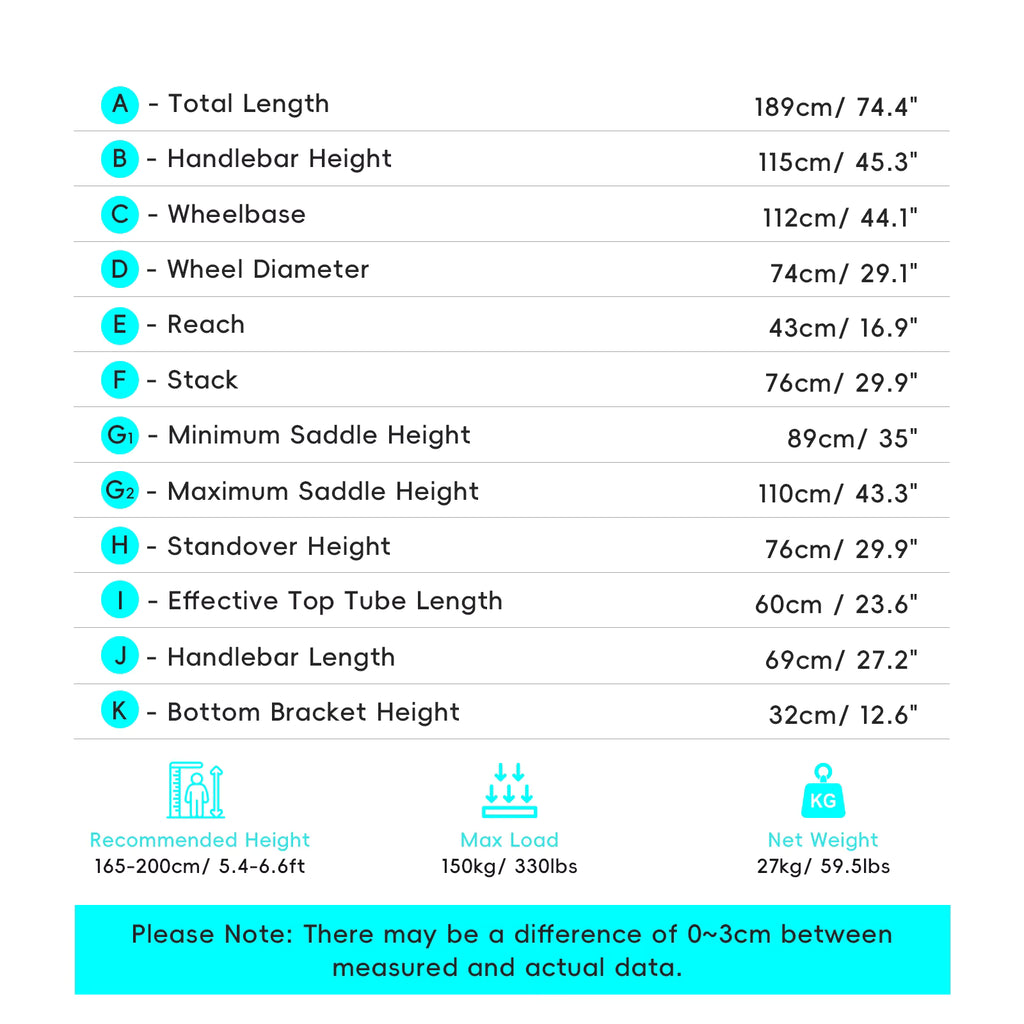Technical specifications table for a  PURE UNICORN U3 electric bicycle with measurements in centimeters and inches.