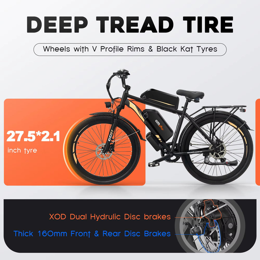 EMOKO EC27 Electric bike with deep tread tire and V profile rims on a white background