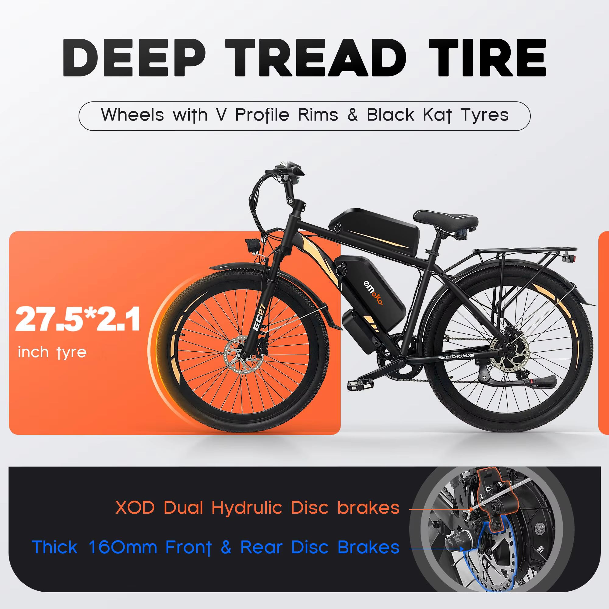 EMOKO EC27 Electric bike with deep tread tire and V profile rims on a white background