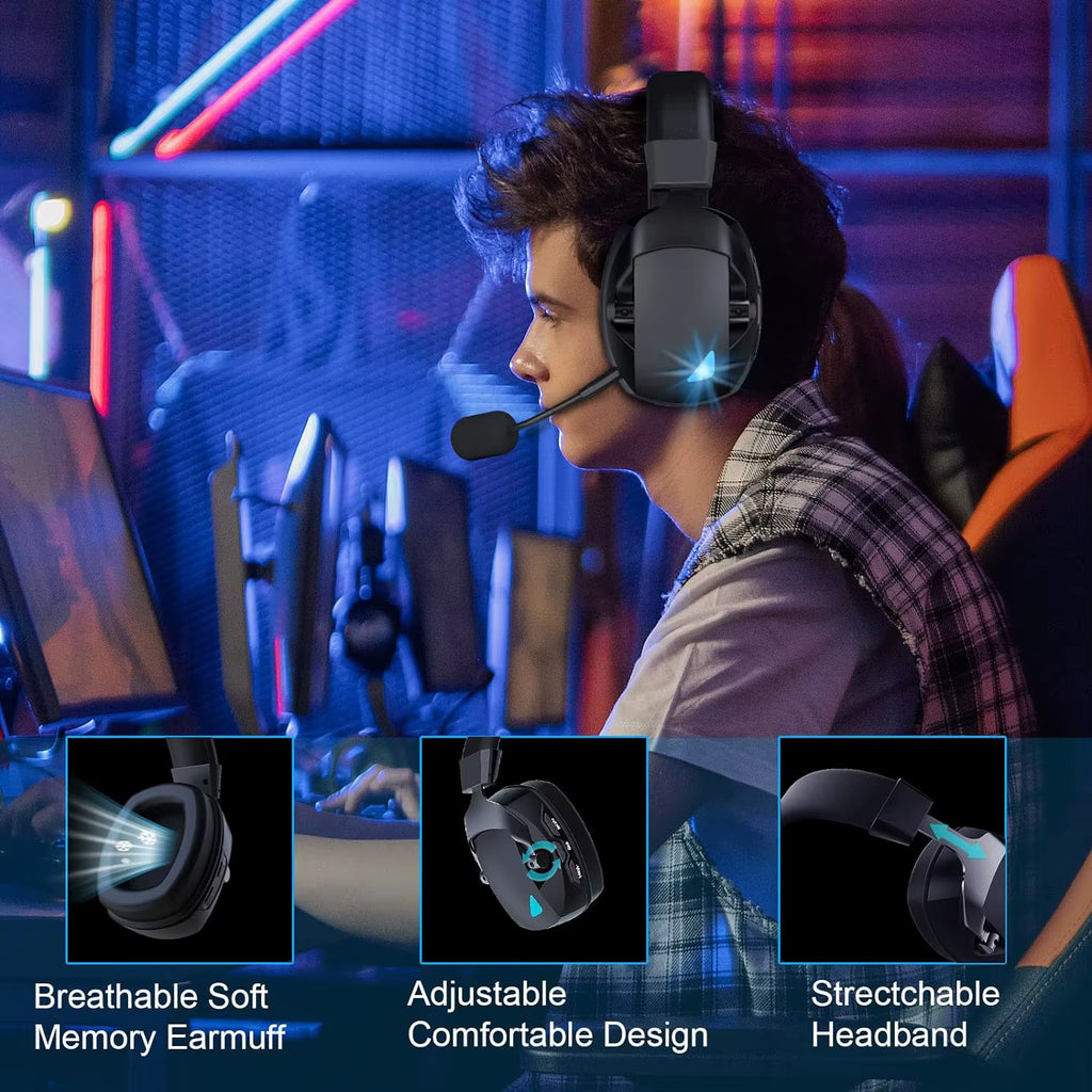 Lifestyle gaming action shot highlighting breathable memory foam, adjustable comfortable design, and flexible headband features