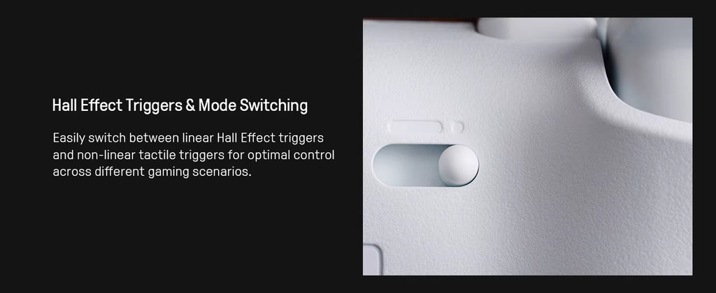 8BitDo promotional graphic for Hall Effect Triggers and Mode Switching, showing a close-up product shot of the white controller's physical trigger mode toggle switch on the rear housing.