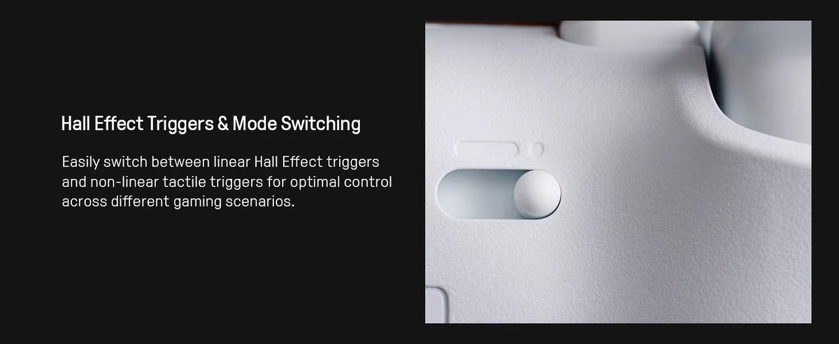 8BitDo promotional graphic for Hall Effect Triggers and Mode Switching, showing a close-up product shot of the white controller's physical trigger mode toggle switch on the rear housing.