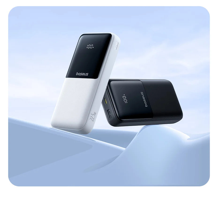 Two power banks, one white and one black, with 'baseus' branding on a light blue gradient background.