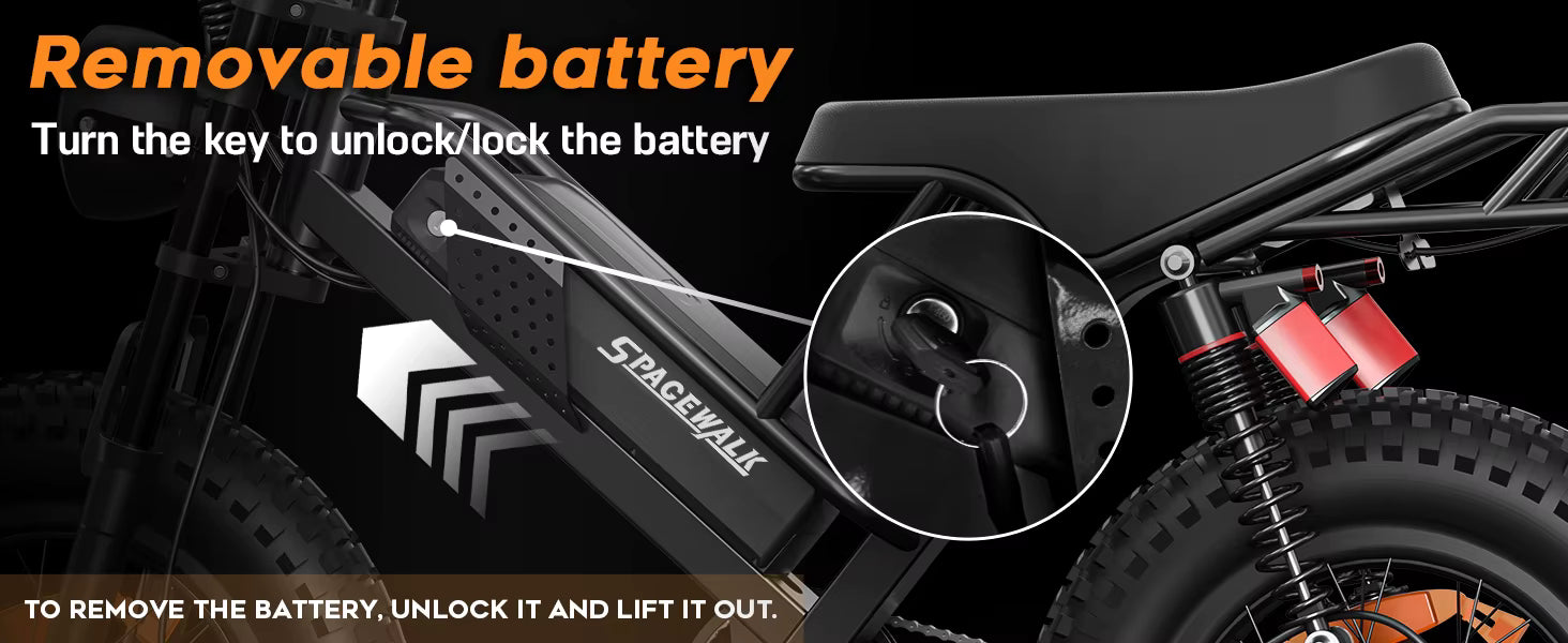 Spacewalk 1500W Electric bike with a removable battery feature highlighted, showing the key mechanism.