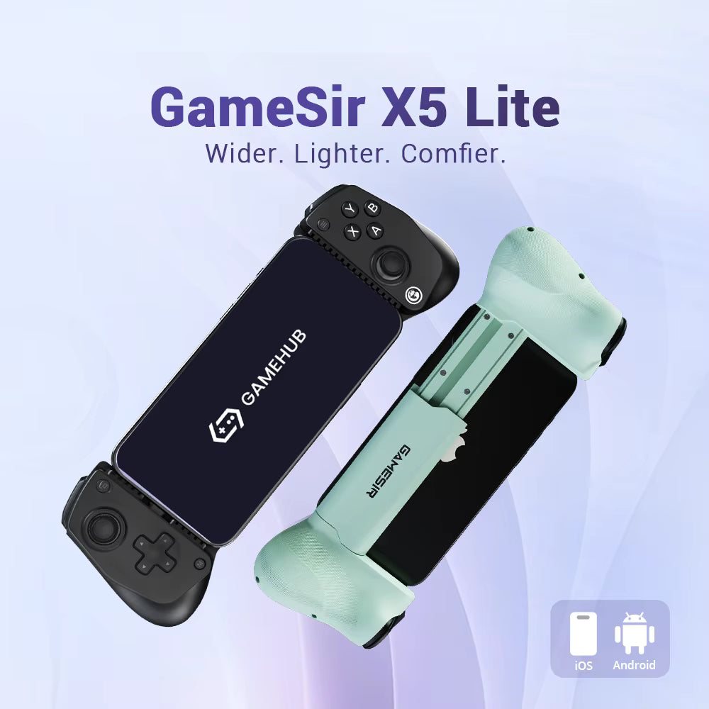 GameSir X5 Lite gaming controller with smartphone holder on a light blue background