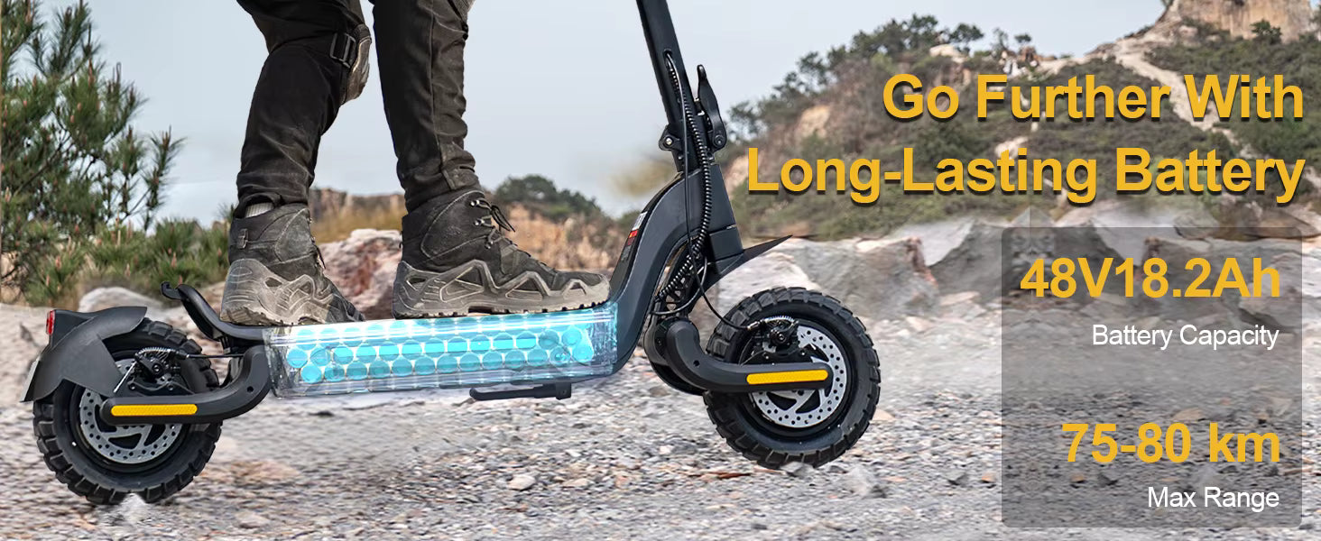 Electric scooter with text about battery capacity and range on a natural background