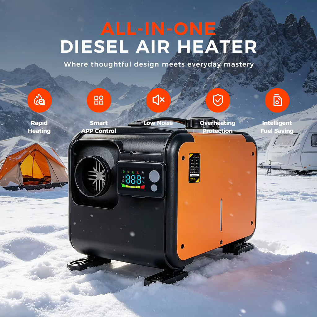 Sunster 8KW Portable Diesel Air Heater deployed in snowy campsite for off-grid winter heating