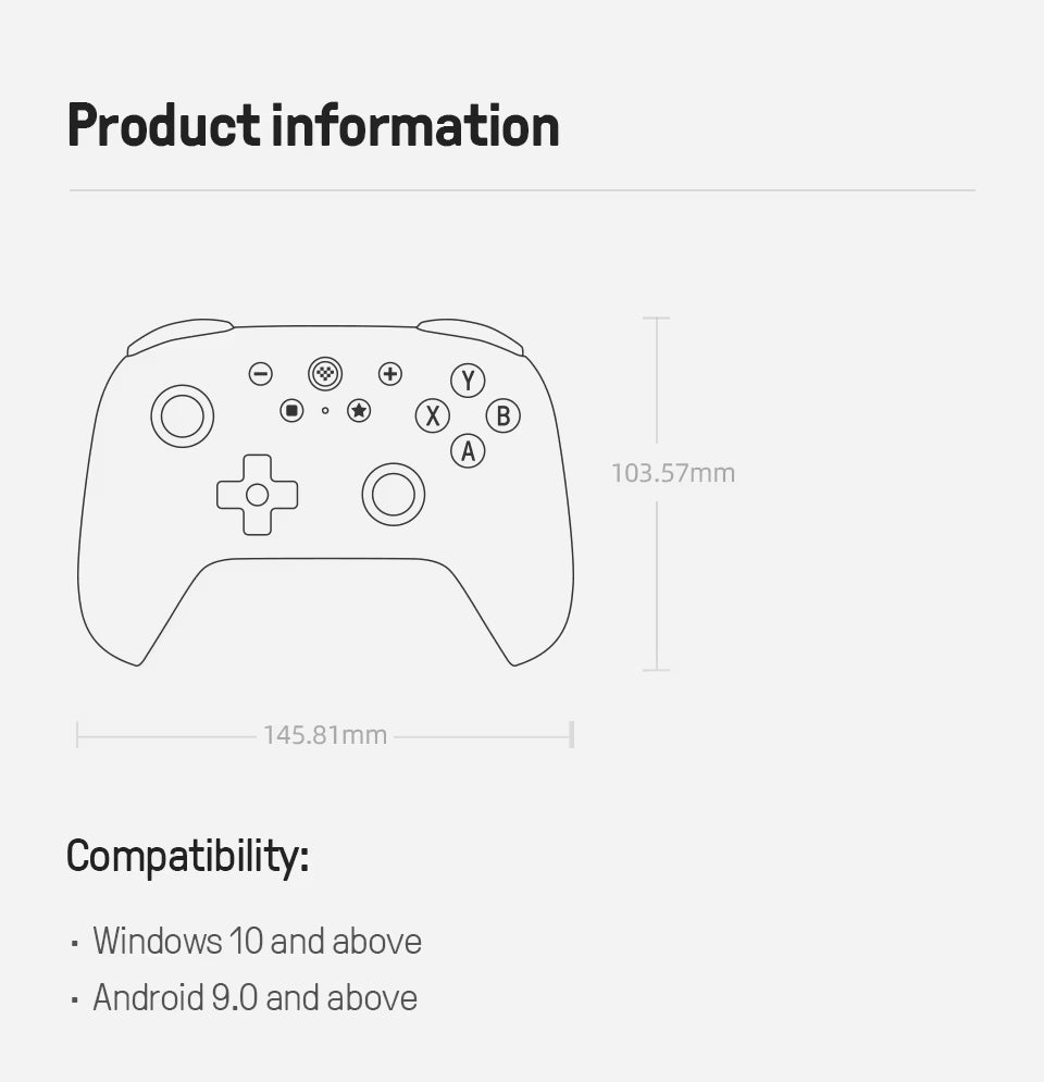 Product information graphic for the 8BitDo game controller with dimensions labeled 145.81mm wide and 103.77mm height compatible with Windows 10 and above and Android 9.0 and above