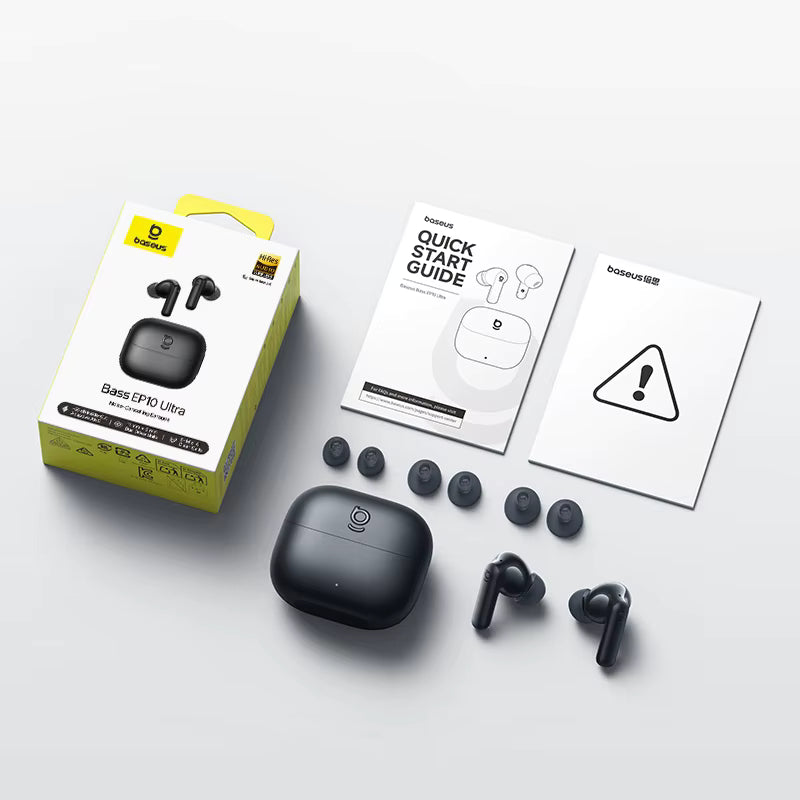 A pair of Baseus EP10 wireless earbuds with their charging case, shown alongside the retail box, quick start guide, warning card, and multiple ear tip sizes on a light gray background.