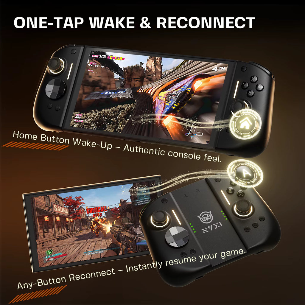 Handheld gaming console and controller demonstrating one‑tap wake and reconnect features, with glowing icons highlighting the home button and any‑button reconnect for instant game resume.