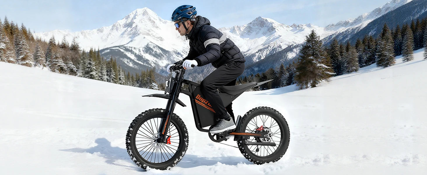 Person riding an electric bike in a snowy landscape with mountains in the background