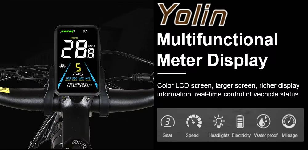 Samebike XD26-II electric bicycle Multifunctional meter display on a bicycle handlebar with Yolin branding.