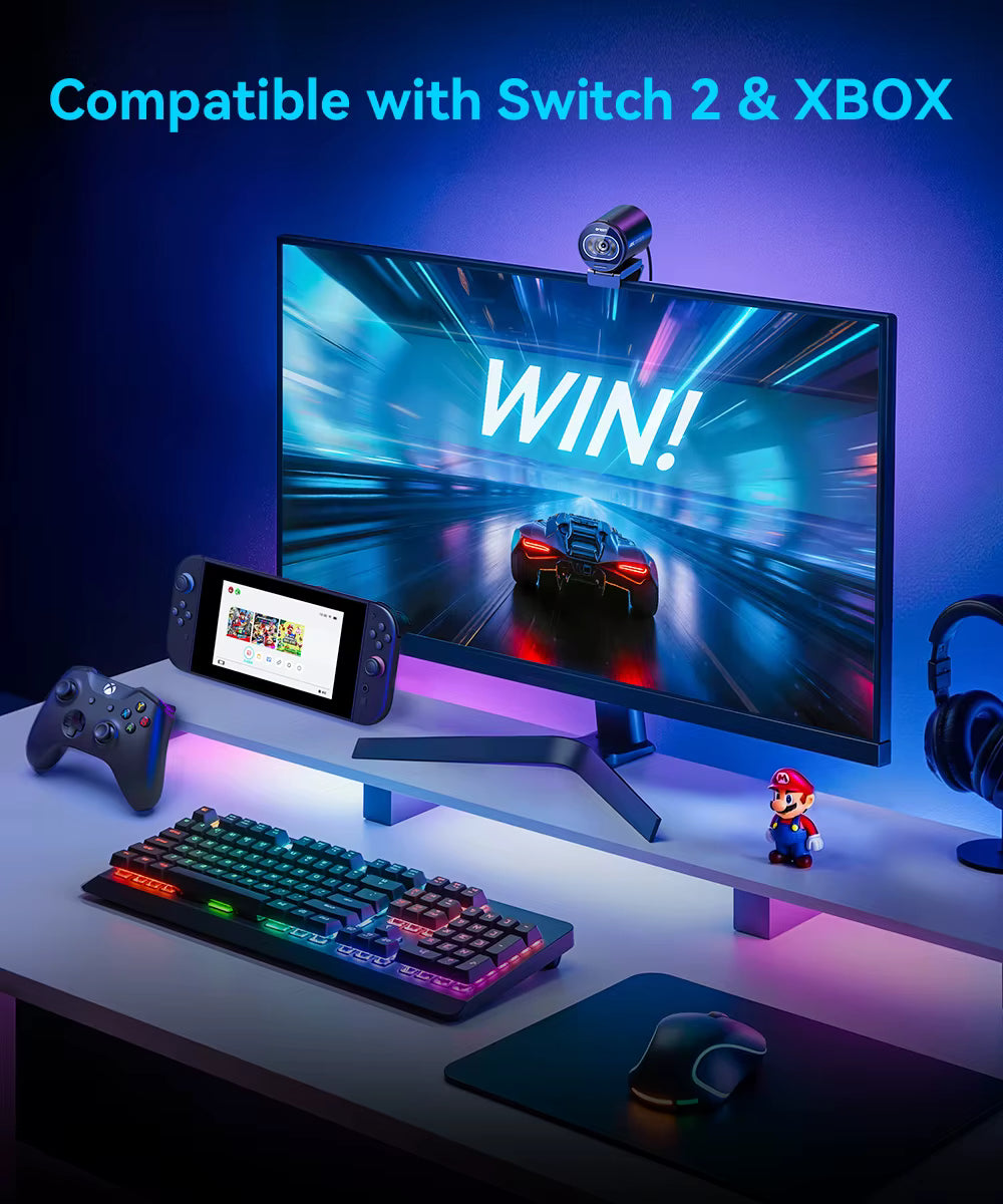 EMEET S600 4K Streaming Web Camera mounted on monitor in gaming desk setup with console compatibility | VARELO