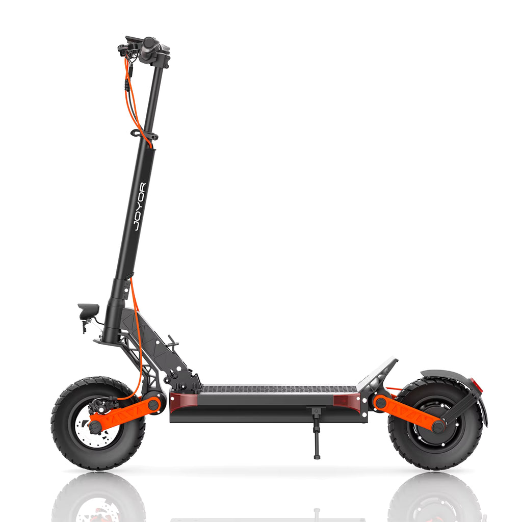 Black and orange electric scooter side image on a white background