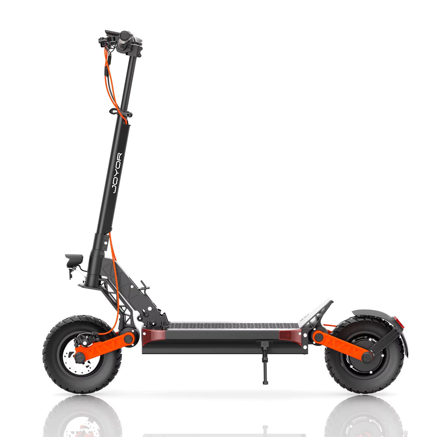 Black and orange electric scooter side image on a white background