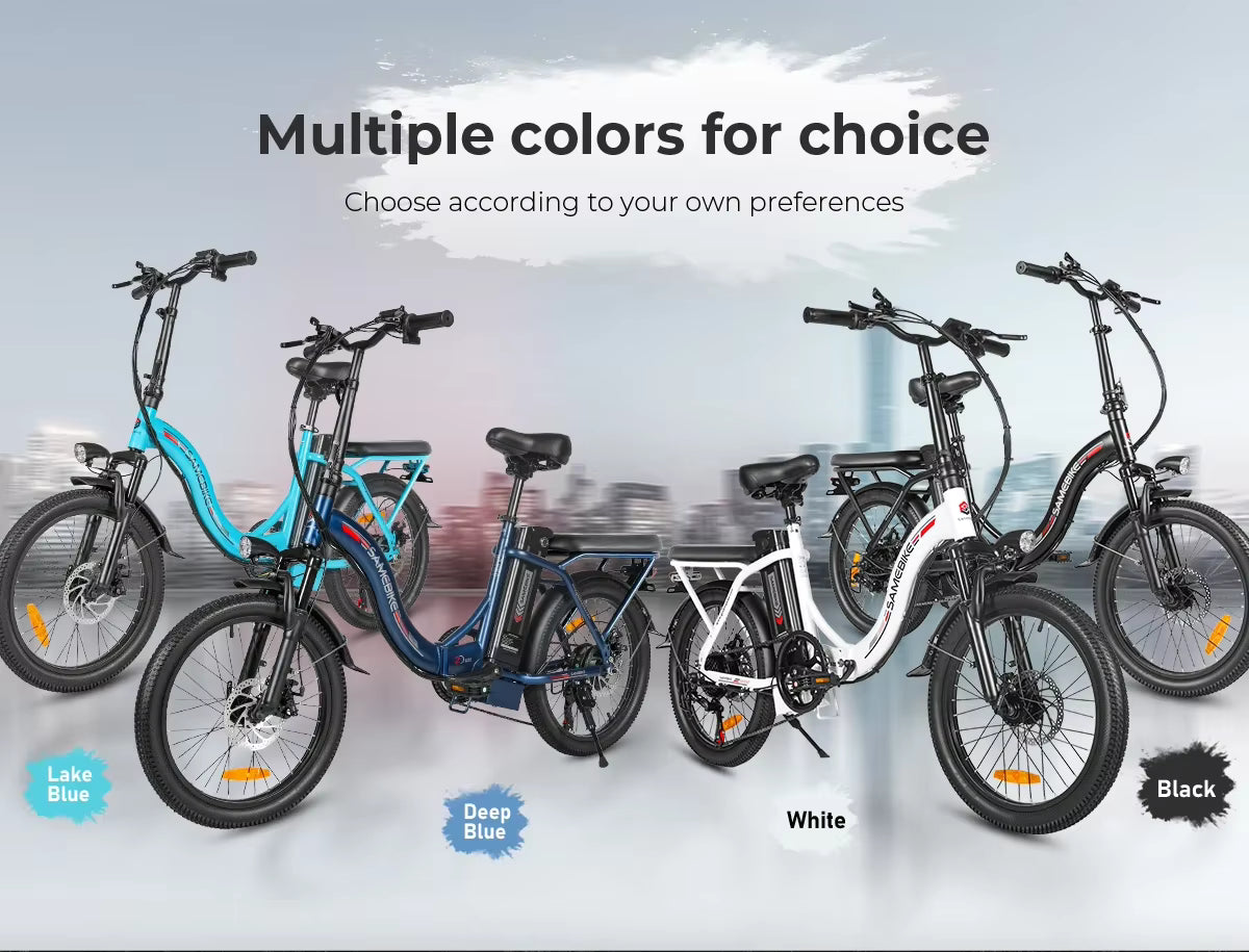 Four SAMEBIKE CY20 electric bikes in different colors on a light gray background with text about color choices.