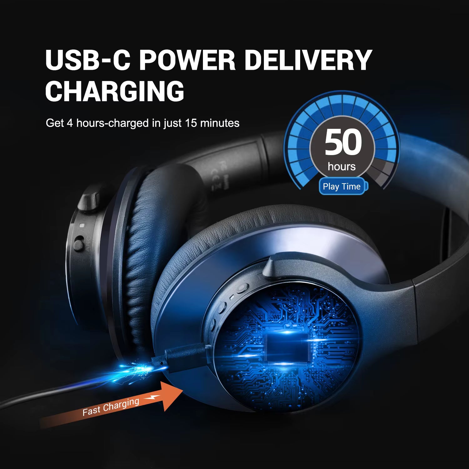 OneOdio A10 Hybrid ANC Over-Ear Bluetooth Headphones with USB-C power delivery charging feature on a dark background