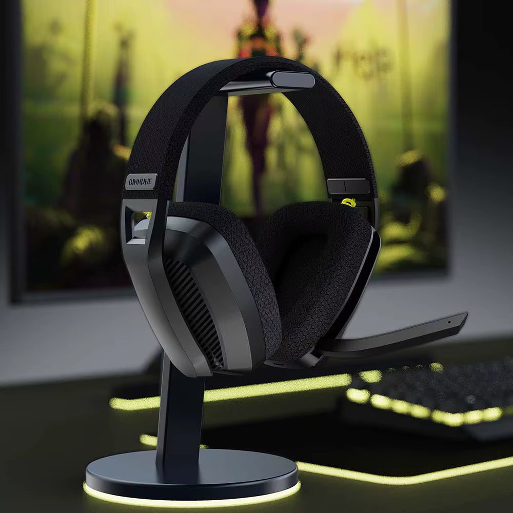 Studio product display shot of the wireless gaming headset resting on an illuminated desktop stand