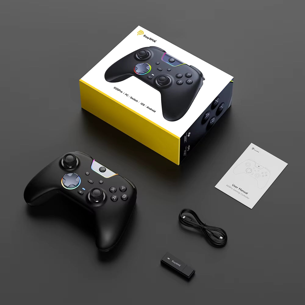 EasySMX X05 Pro retail packaging box with wireless controller, USB cable, and manual   