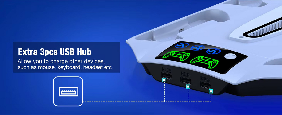 Three front facing USB expansion hub ports on white PS5 vertical station base
