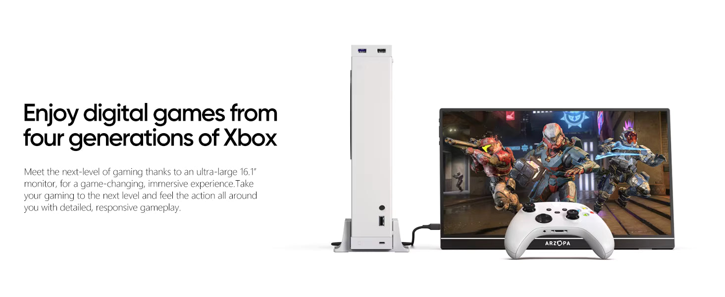 Xbox Series S console shown with a white wireless controller and a monitor displaying a game scene, alongside promotional text on a white background.