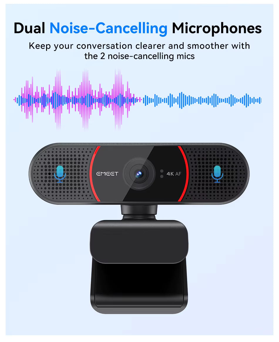 EMEET 4K webcam featuring dual noise-cancelling microphones graphic with sound wave visualization for clear audio
