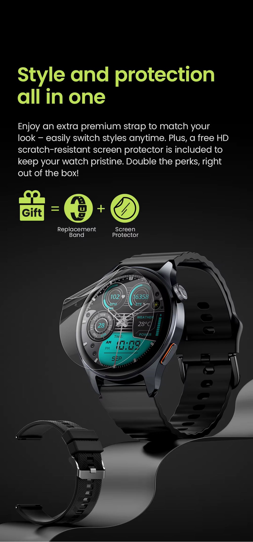 Smartwatch with black band on a dark background, promotional text about style and protection.