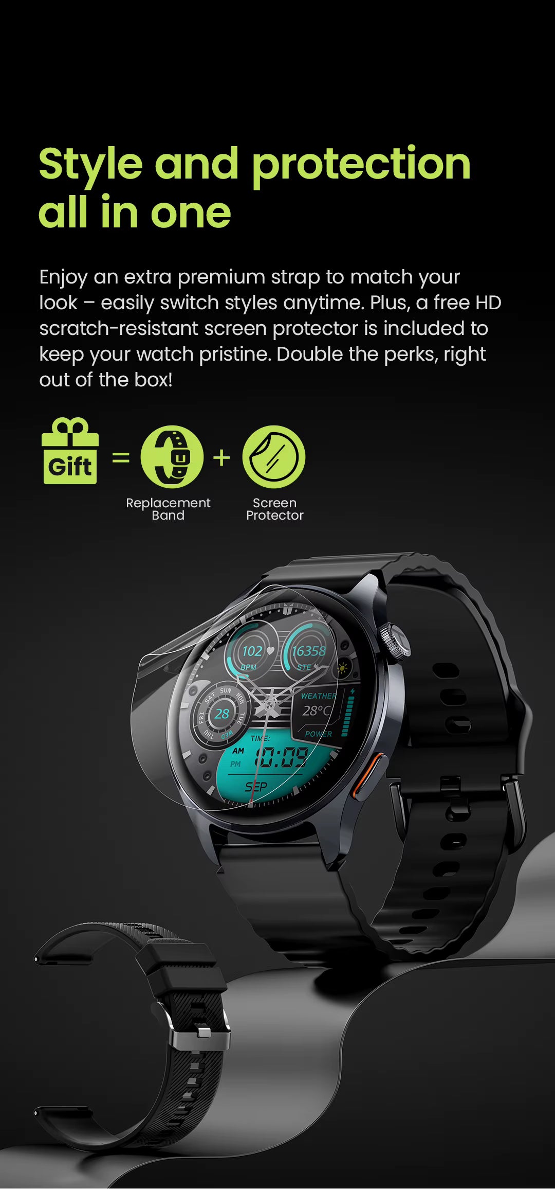 Smartwatch with black band on a dark background, promotional text about style and protection.