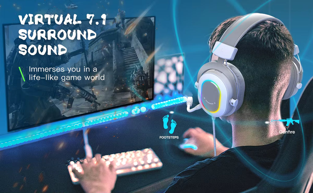 Promotional graphic illustrating immersive virtual 7.1 surround sound during gameplay
