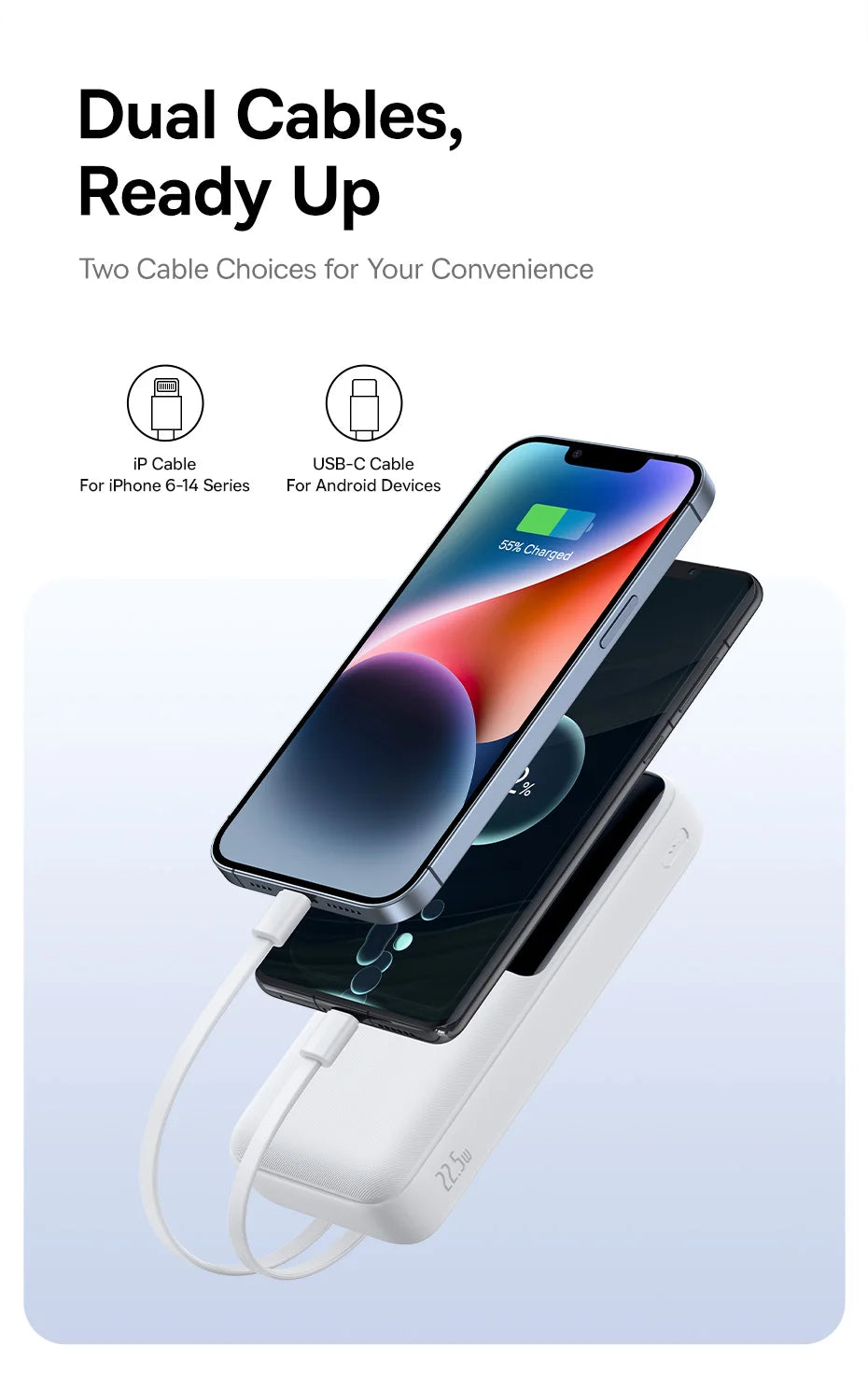 Phone charging stand with dual cables for iPhone and Android devices on a white background