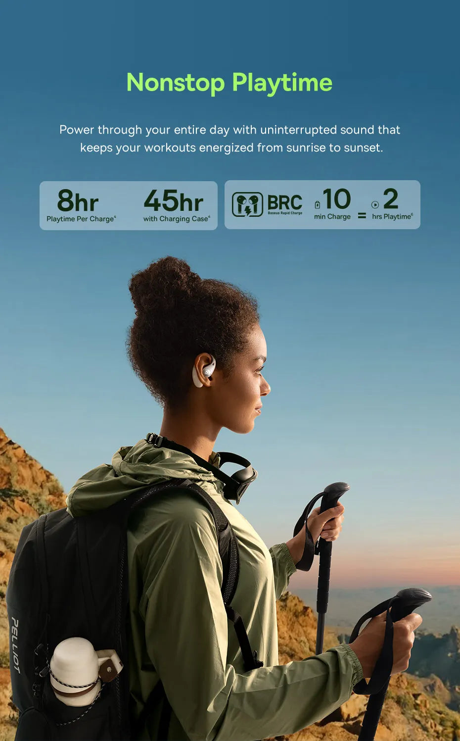 Person hiking with earbuds and backpack, featuring product performance details on a blue background about Baseus Eli Sport 2 Open-Ear Wireless Earphones