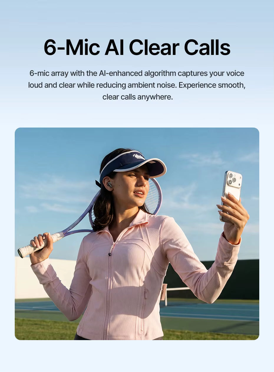 Woman holding a phone with a golf club, promotional text for 6-Mic AI Clear Calls for the Baseus EP10 earbuds