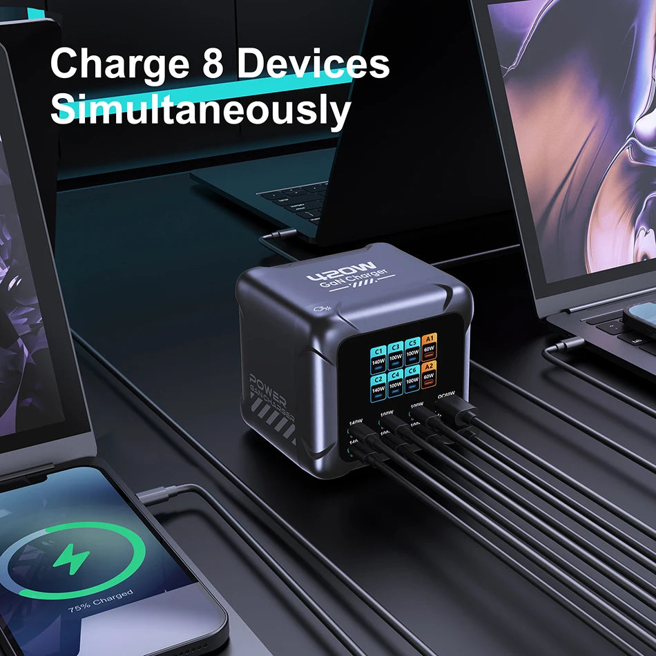 USB hub charging multiple devices with text 'Charge 8 Devices Simultaneously' on a dark surface.