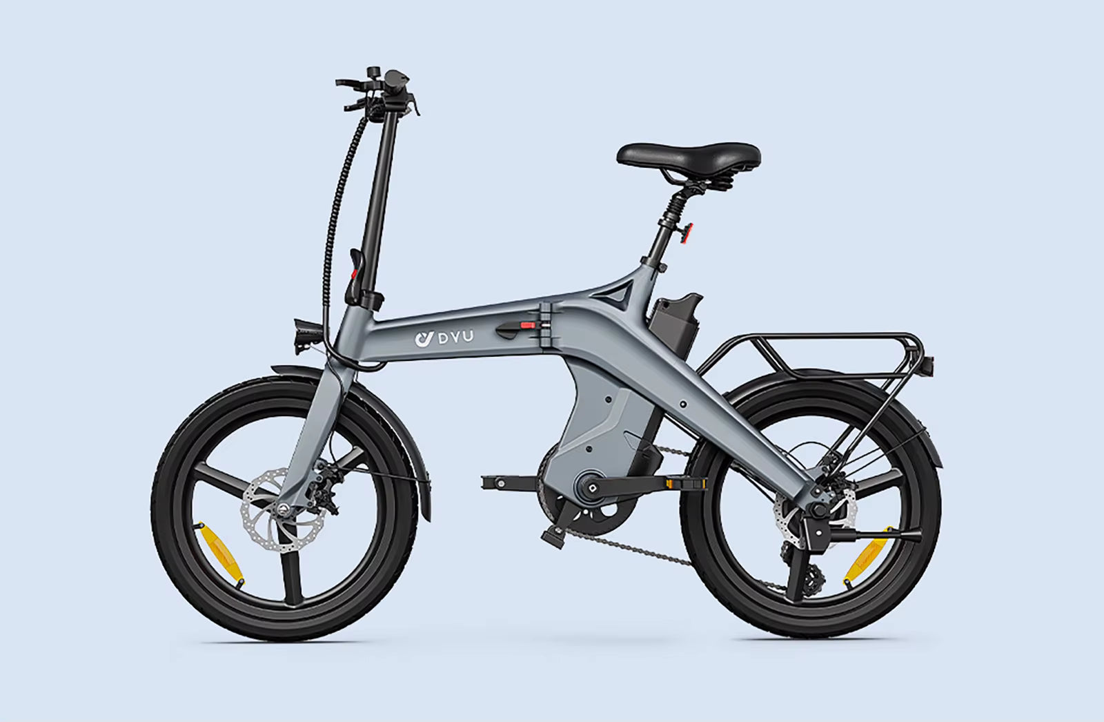 Gray electric bike on a light blue background