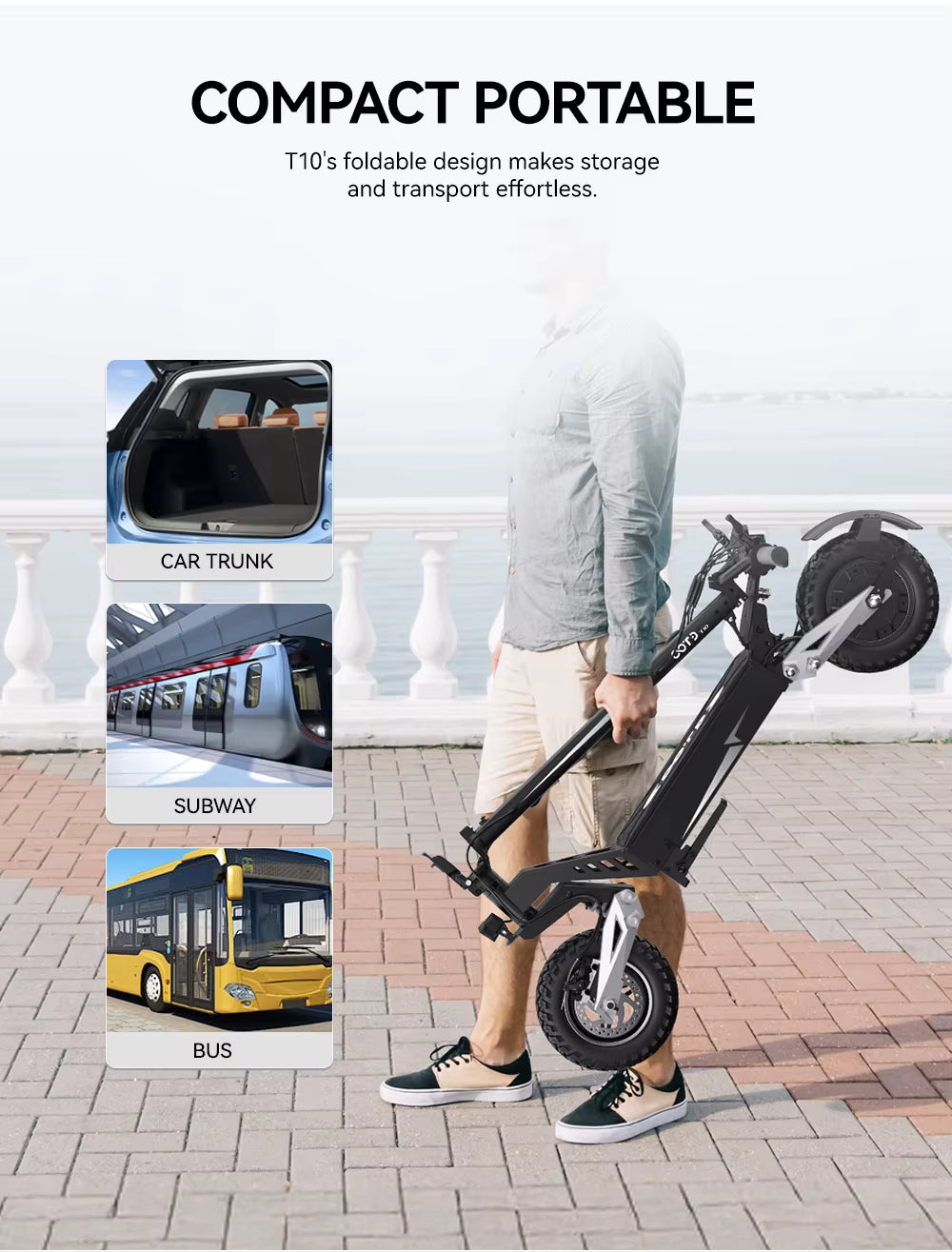 Person holding a compact electric scooter with text highlighting its portability.