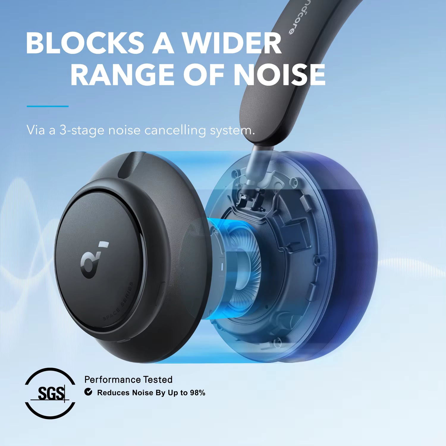 Noise-cancelling headphones with text highlighting noise reduction capabilities on a blue background