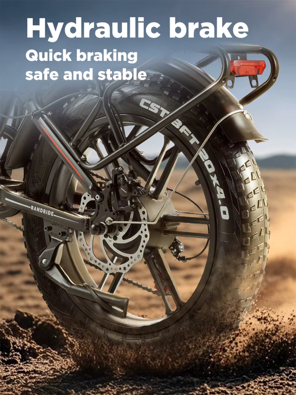 Electric bicycle with hydraulic brake system on a dirt road