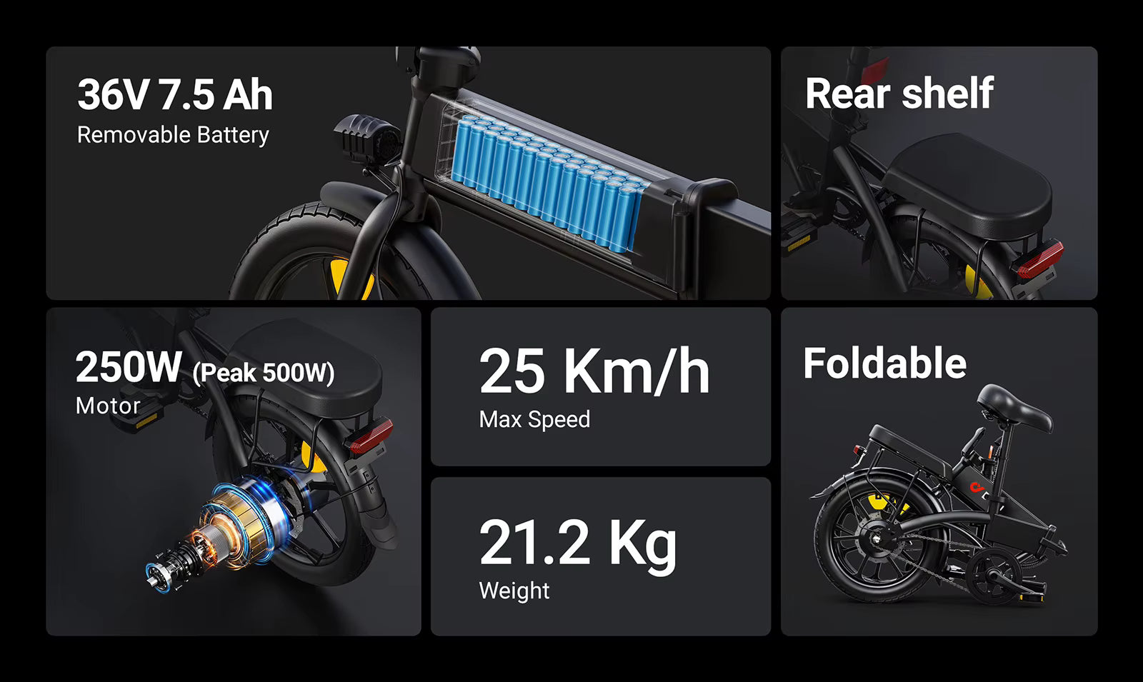 Electric bike DYU A1F Pro Folding E-Bike features including battery, motor, speed, weight, and foldability on a dark background.