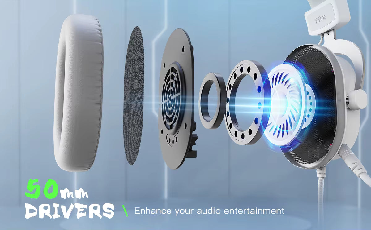 Exploded technical diagram of the 50mm speaker drivers and internal acoustic structure